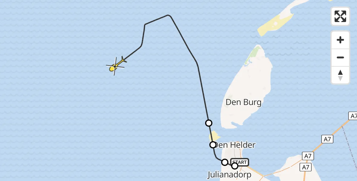 Routekaart van de vlucht: Kustwachthelikopter naar Middenvliet