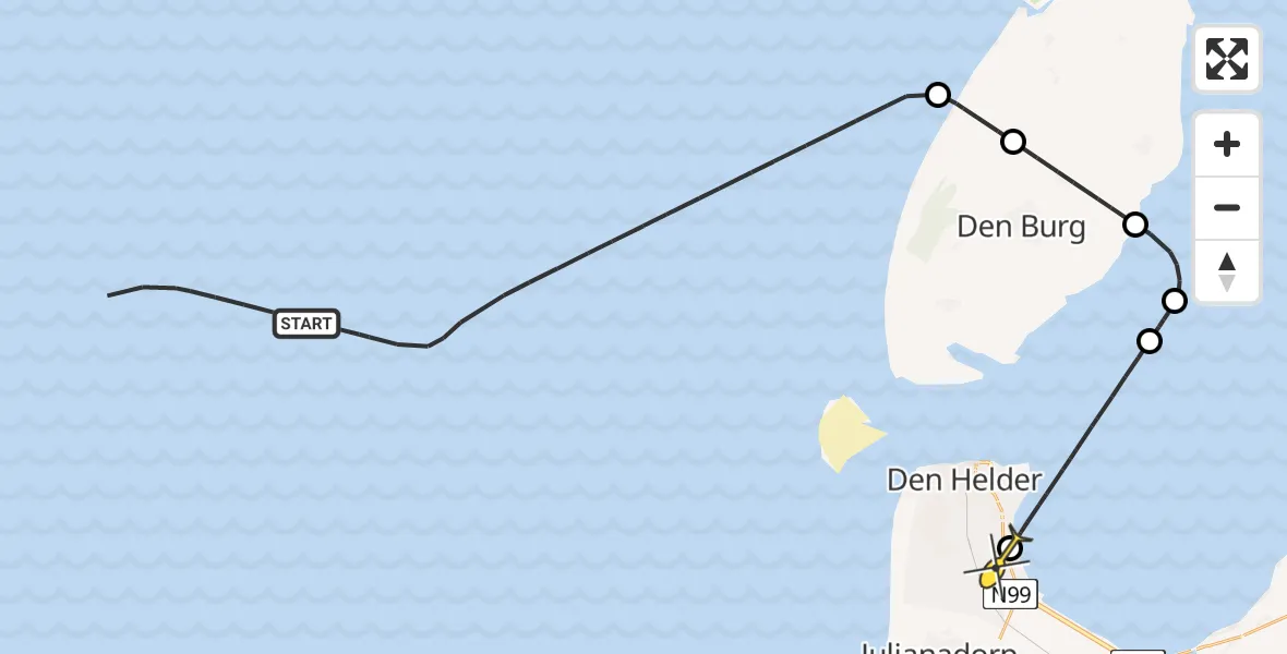 Routekaart van de vlucht: Kustwachthelikopter naar Vliegveld De Kooy, Doggersvaart