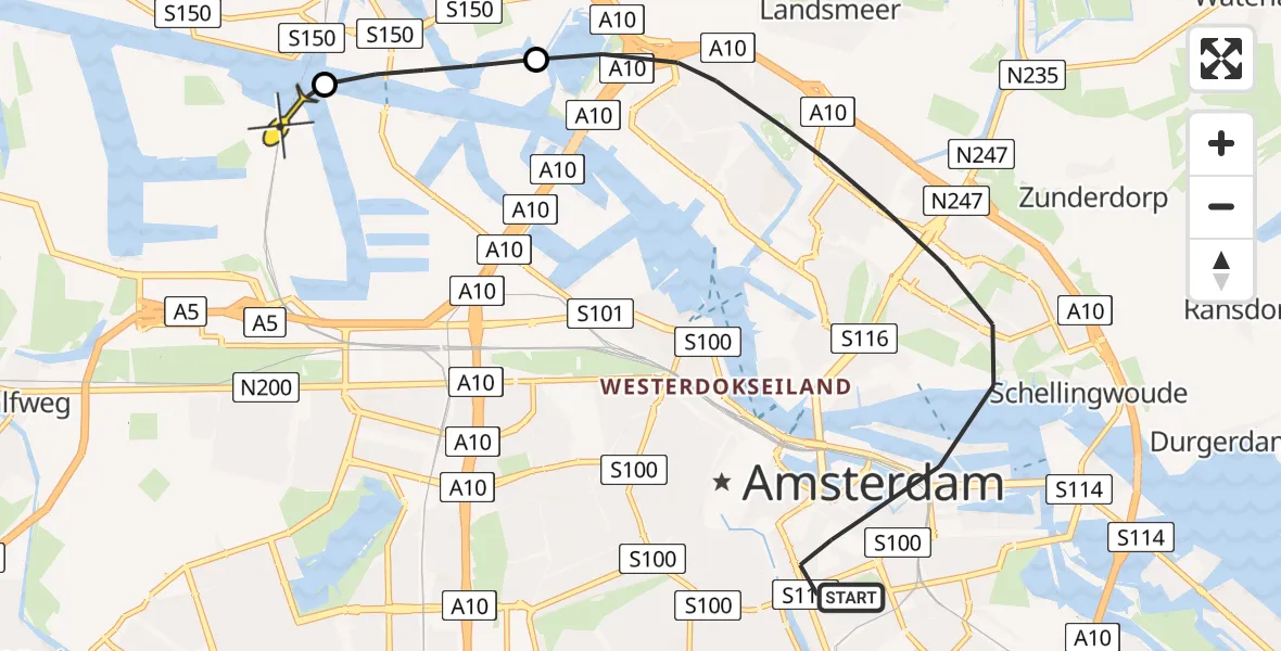 Routekaart van de vlucht: Lifeliner 1 naar Amsterdam Heliport, Lepelkruisstraat