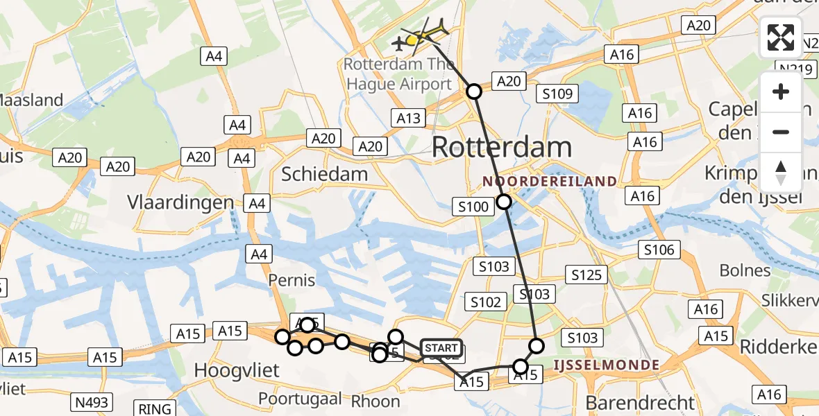 Routekaart van de vlucht: Politiehelikopter naar Rotterdam The Hague Airport, Columbusstraat