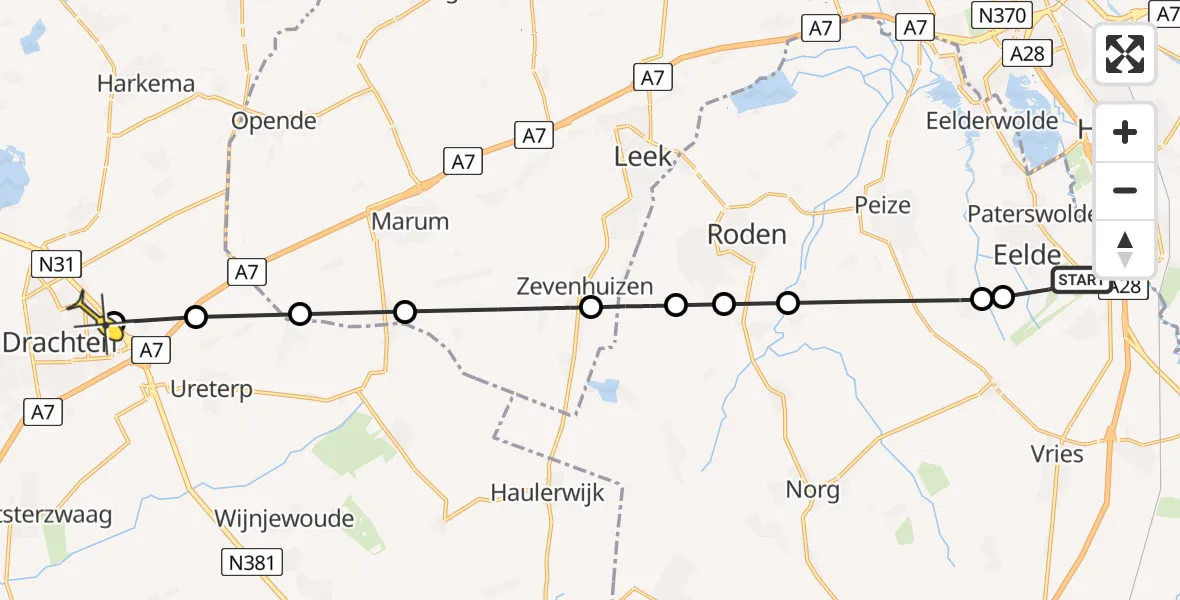Routekaart van de vlucht: Lifeliner 4 naar Vliegveld Drachten, Veldkampweg