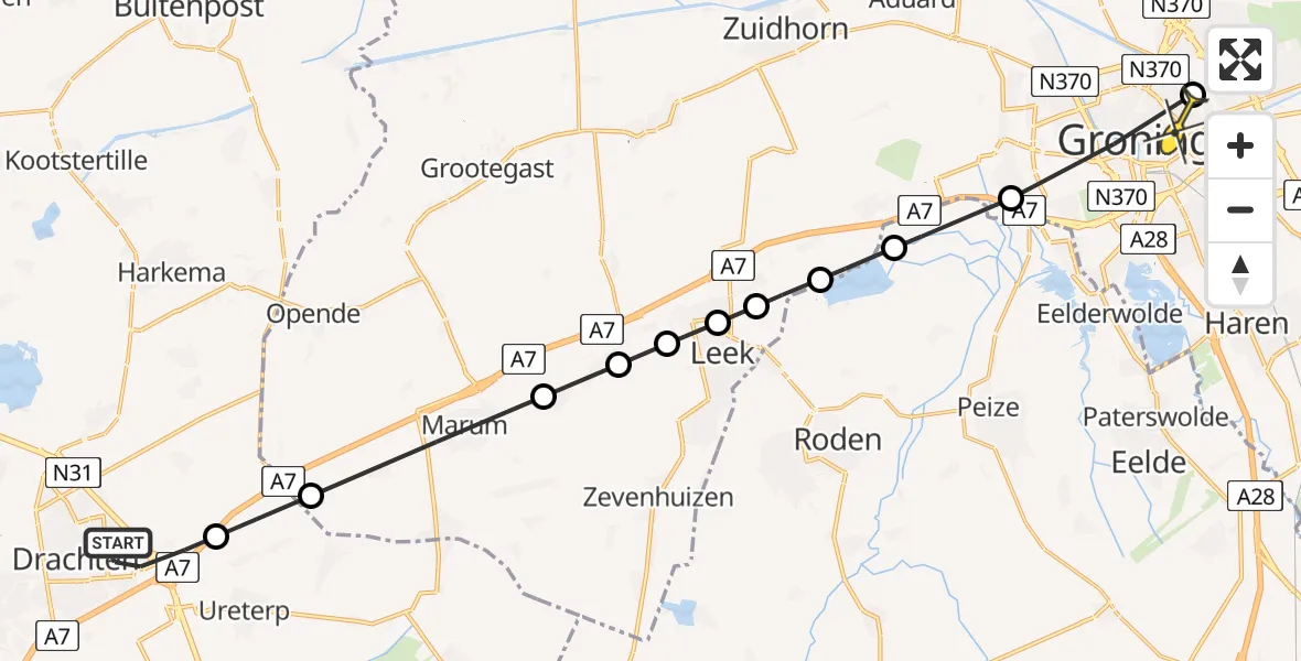 Routekaart van de vlucht: Lifeliner 4 naar Universitair Medisch Centrum Groningen, Ropta