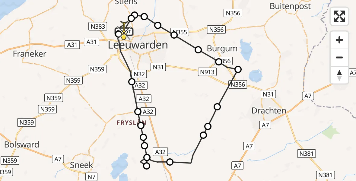 Routekaart van de vlucht: Ambulanceheli naar Vliegbasis Leeuwarden, Keegsdijkje