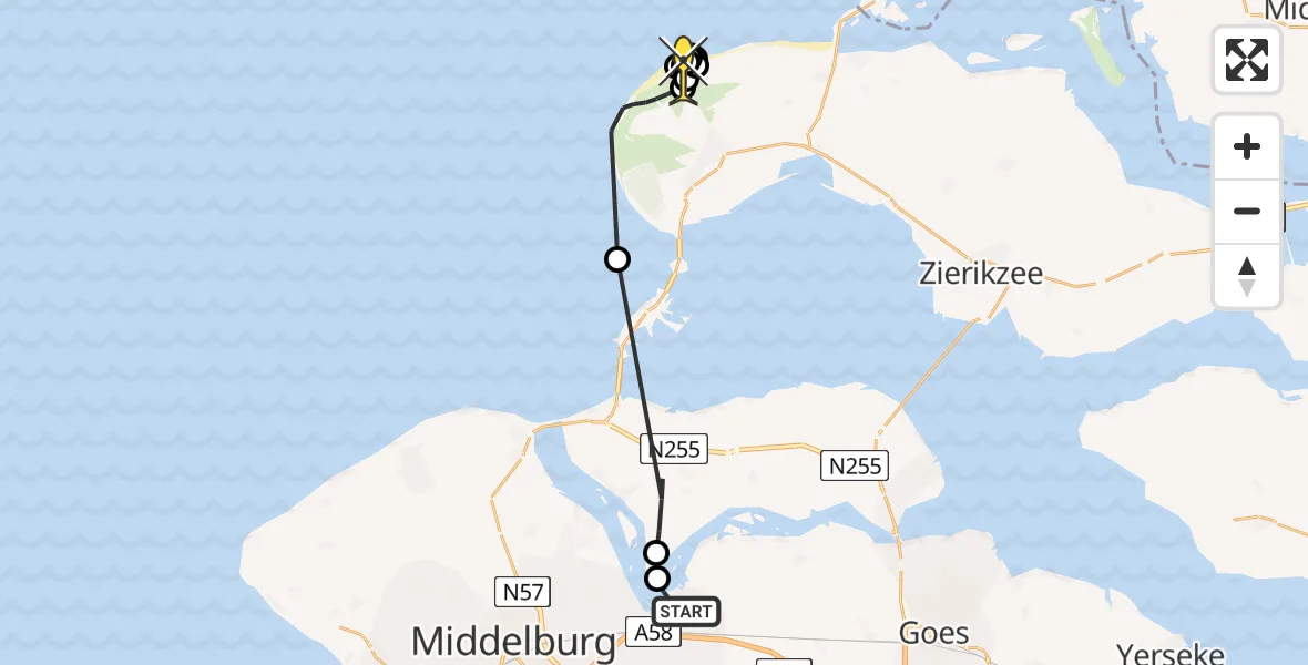 Routekaart van de vlucht: Kustwachthelikopter naar Burgh-Haamstede, Oranjeplaatweg