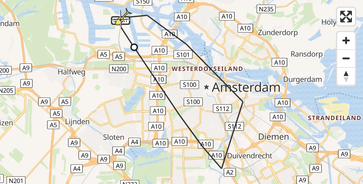 Routekaart van de vlucht: Lifeliner 1 naar Amsterdam Heliport, Corsicaweg