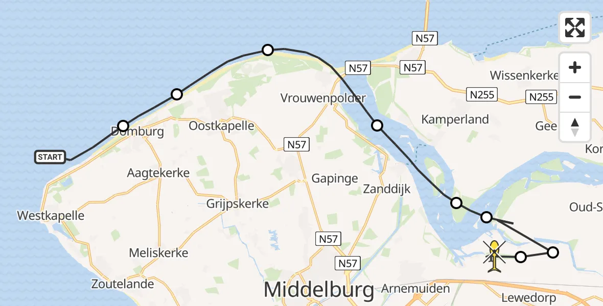 Routekaart van de vlucht: Kustwachthelikopter naar Vliegveld Midden-Zeeland, Parallelweg