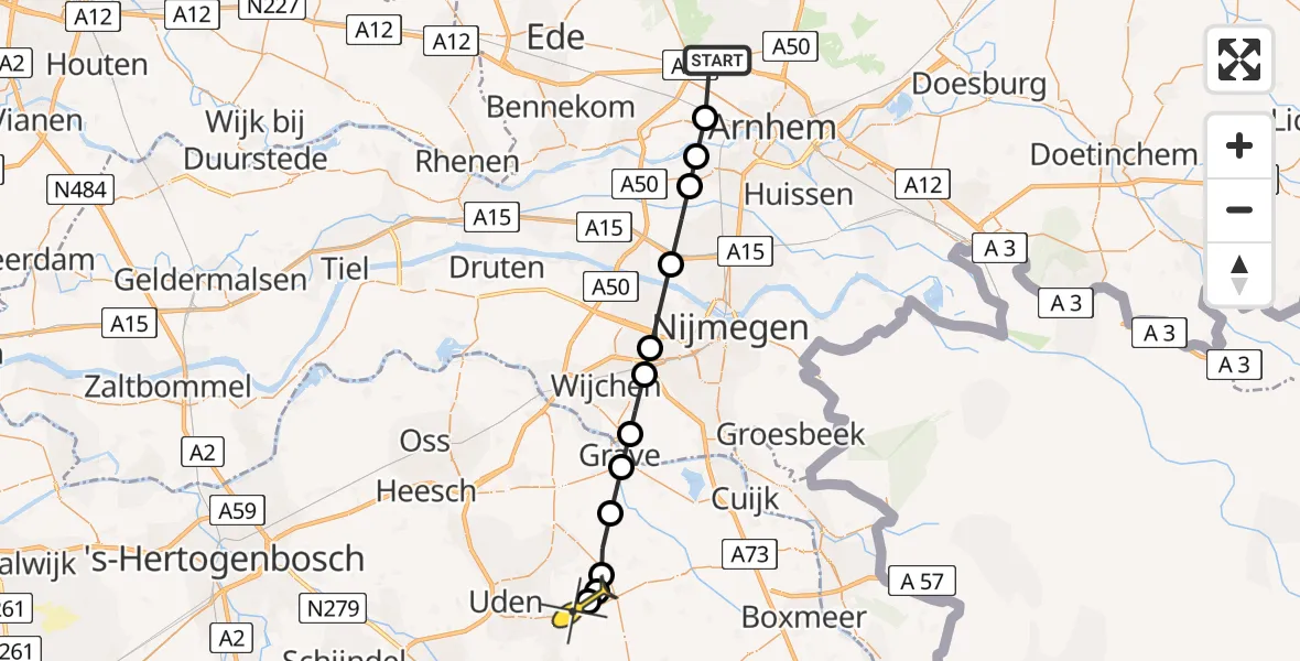 Routekaart van de vlucht: Politiehelikopter naar Vliegbasis Volkel, Europaweg