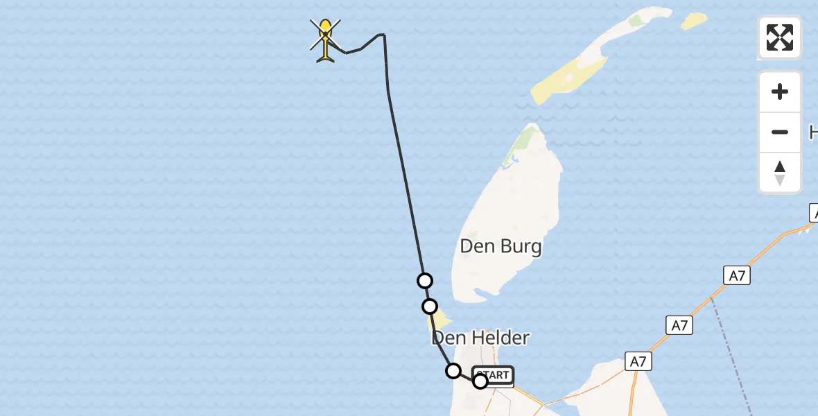 Routekaart van de vlucht: Kustwachthelikopter naar Kortevliet