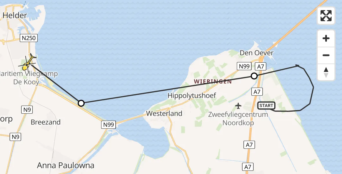 Routekaart van de vlucht: Kustwachthelikopter naar Vliegveld De Kooy, Sluitgatweg