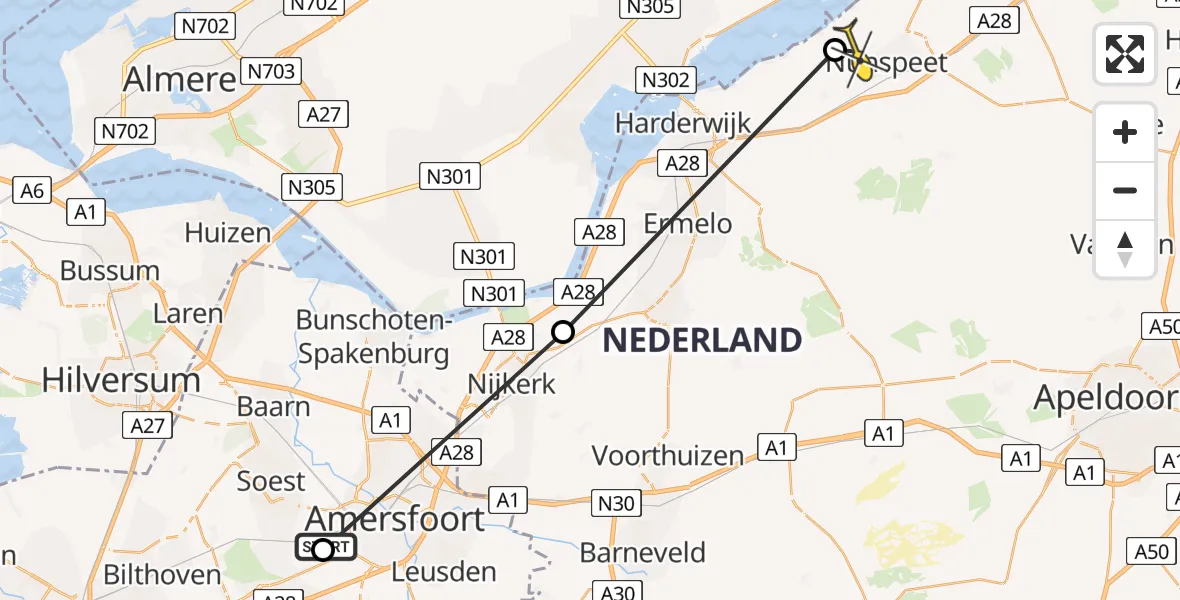 Routekaart van de vlucht: Politieheli naar Nunspeet, Diermenseweg