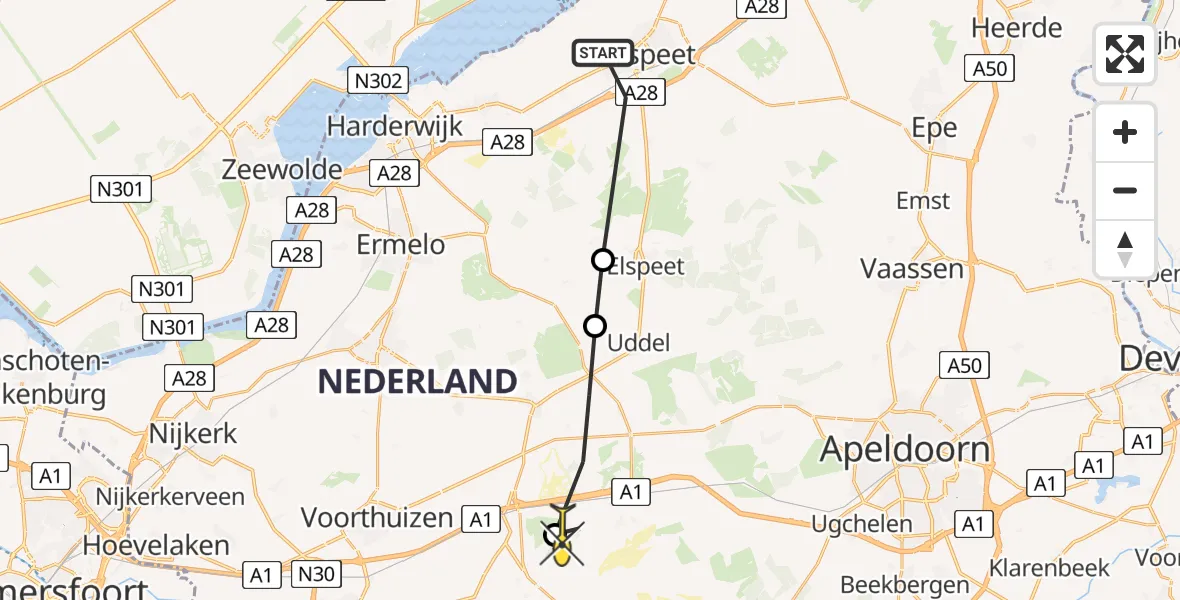 Routekaart van de vlucht: Politieheli naar Kootwijk, Kootwijkerdijk