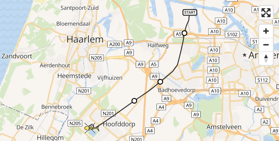 Routekaart van de vlucht: Lifeliner 1 naar Hoofddorp, Nieuw-Zeelandweg