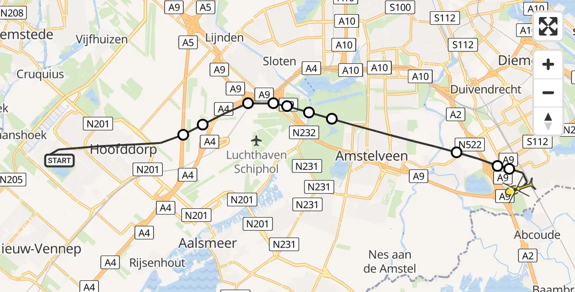 Routekaart van de vlucht: Lifeliner 1 naar Academisch Medisch Centrum (AMC), Atletiekstraat