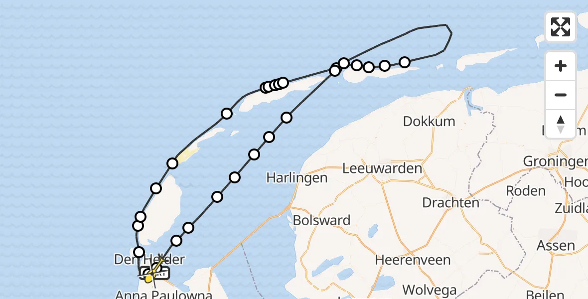 Routekaart van de vlucht: Politiehelikopter naar Vliegveld De Kooy, Kortevliet