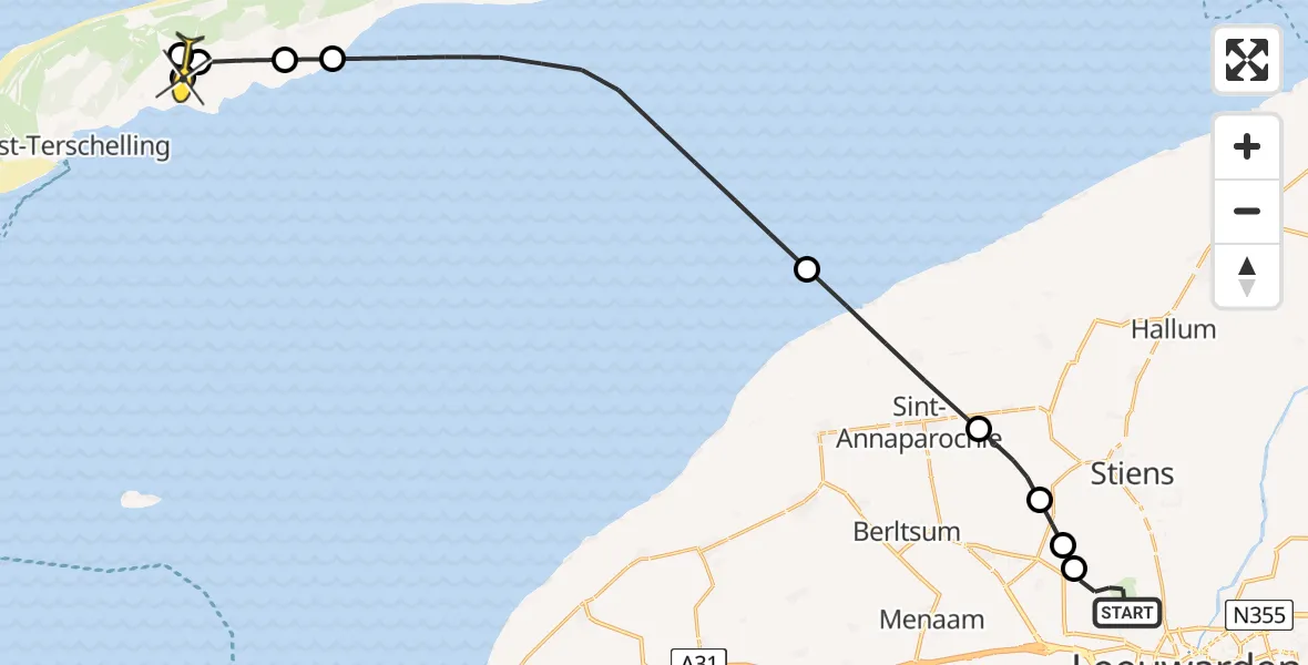 Routekaart van de vlucht: Ambulanceheli naar Midsland, Keegsdijkje