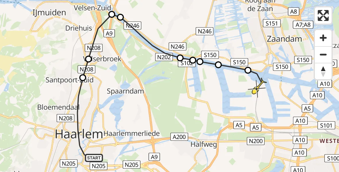 Routekaart van de vlucht: Lifeliner 1 naar Amsterdam Heliport, Korte Begijnestraat