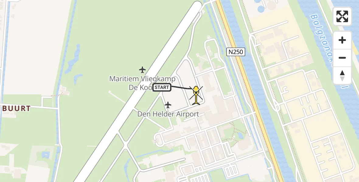 Routekaart van de vlucht: Politieheli naar Vliegveld De Kooy, Rijksweg
