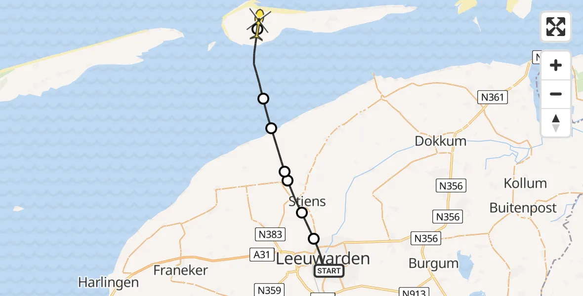 Routekaart van de vlucht: Ambulanceheli naar Ameland Airport Ballum, Lange Marktstraat