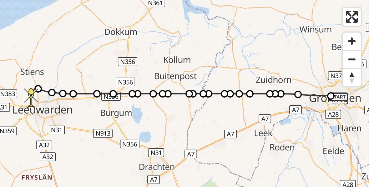 Routekaart van de vlucht: Ambulancehelikopter naar Vliegbasis Leeuwarden, Grote Rozenstraat