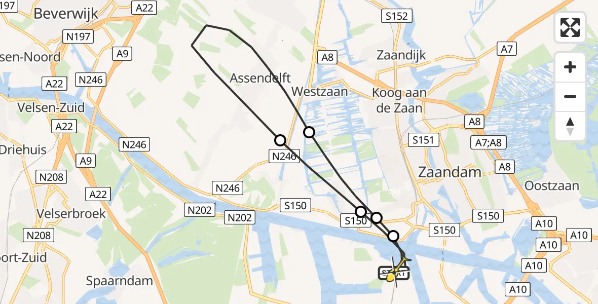Routekaart van de vlucht: Lifeliner 1 naar Amsterdam Heliport, Grote Tocht
