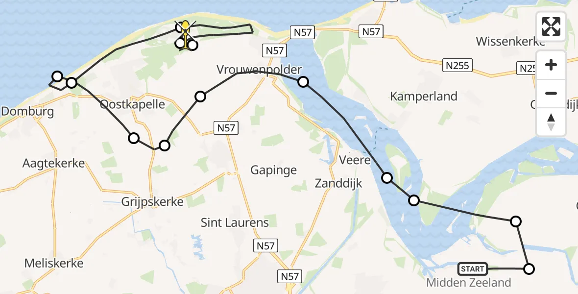 Routekaart van de vlucht: Kustwachthelikopter naar Vrouwenpolder, Calandweg