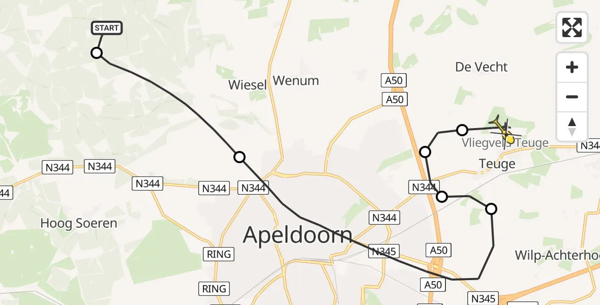 Routekaart van de vlucht: Politieheli naar Vliegveld Teuge, Dalweg