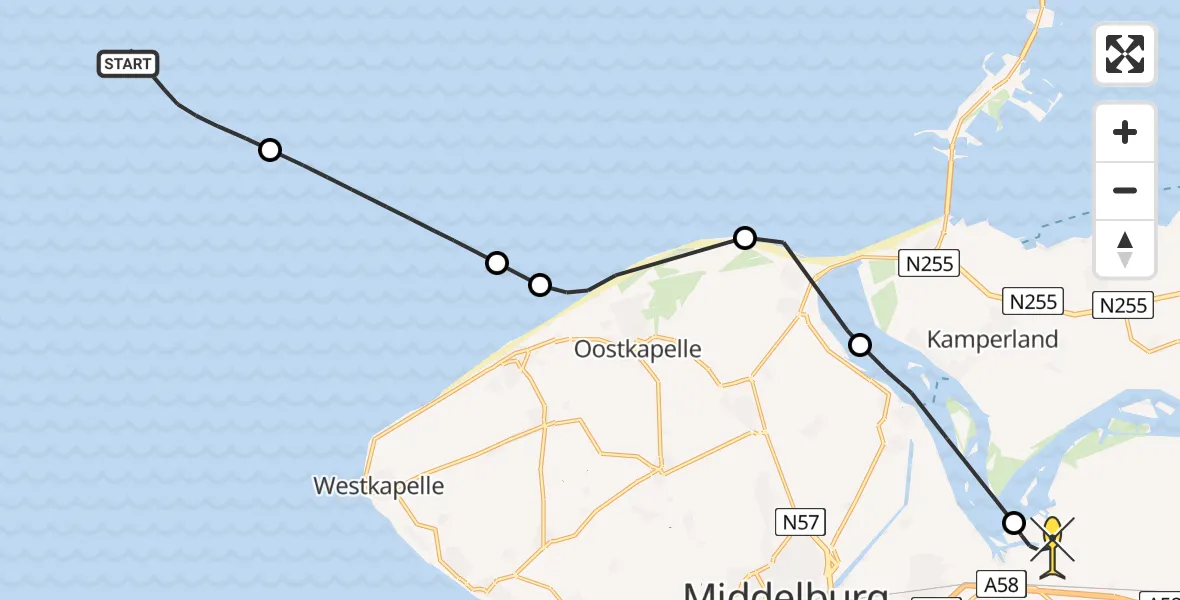 Routekaart van de vlucht: Kustwachthelikopter naar Vliegveld Midden-Zeeland, Calandweg