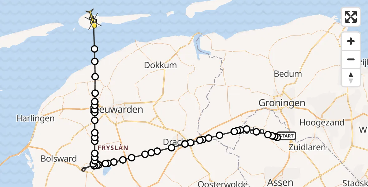 Routekaart van de vlucht: Lifeliner 4 naar Ameland Airport Ballum, Lugtenbergerweg