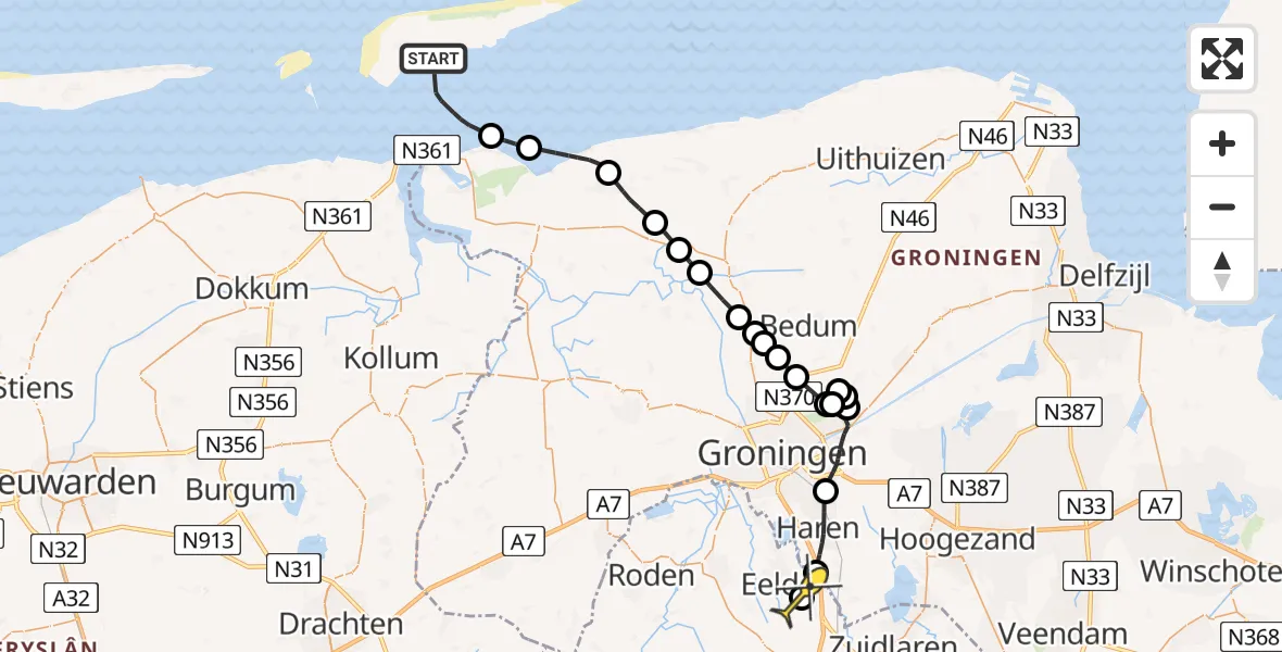 Routekaart van de vlucht: Lifeliner 4 naar Groningen Airport Eelde, T (oost)