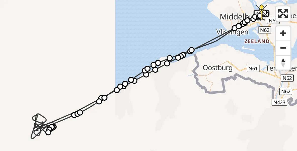 Routekaart van de vlucht: Kustwachthelikopter naar Vliegveld Midden-Zeeland, Postweg