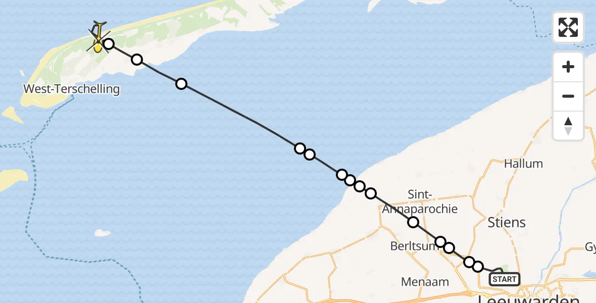 Routekaart van de vlucht: Ambulancehelikopter naar West-Terschelling, Keegsdijkje