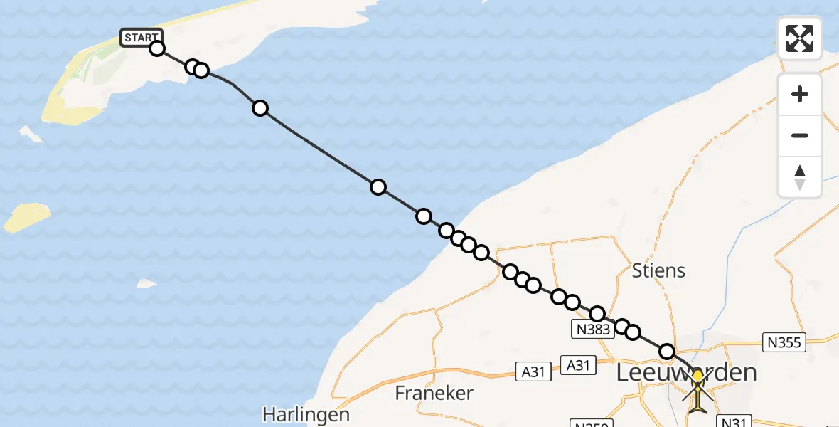 Routekaart van de vlucht: Ambulancehelikopter naar Leeuwarden, Stenneplak