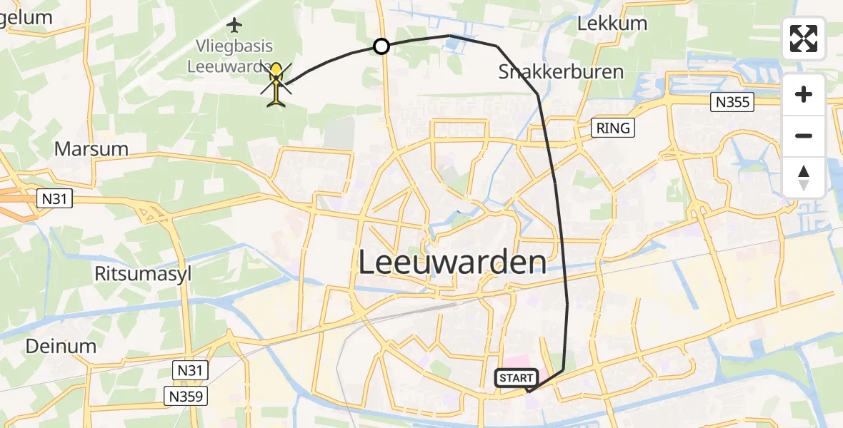 Routekaart van de vlucht: Ambulancehelikopter naar Vliegbasis Leeuwarden, Bernhardus Bumastraat