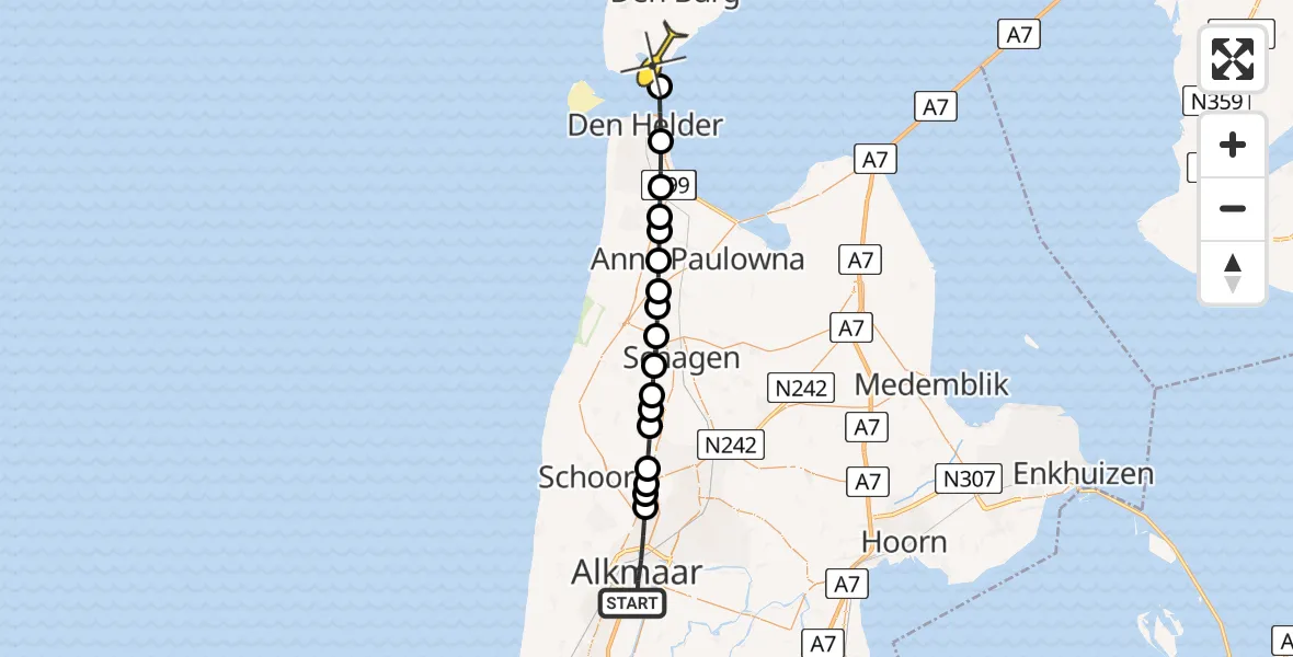 Routekaart van de vlucht: Ambulanceheli naar Den Hoorn, Thomas a Kempislaan