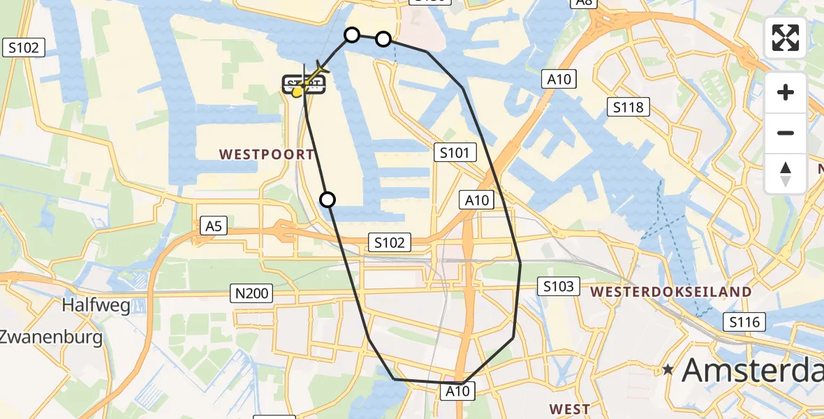 Routekaart van de vlucht: Lifeliner 1 naar Amsterdam Heliport, Corsicaweg