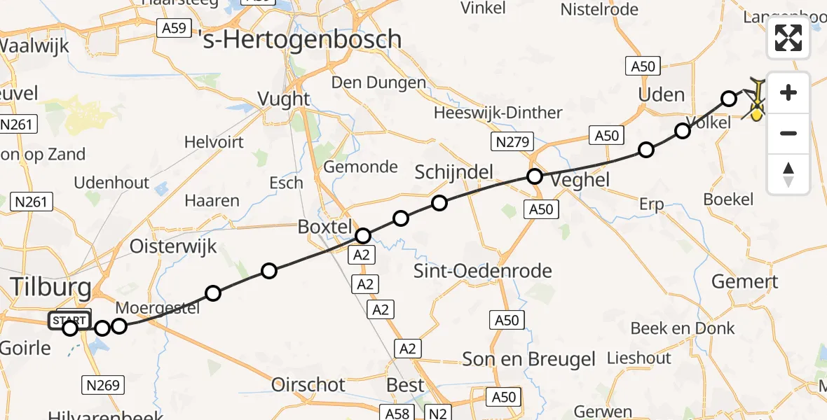 Routekaart van de vlucht: Lifeliner 3 naar Vliegbasis Volkel, Tilburgseweg