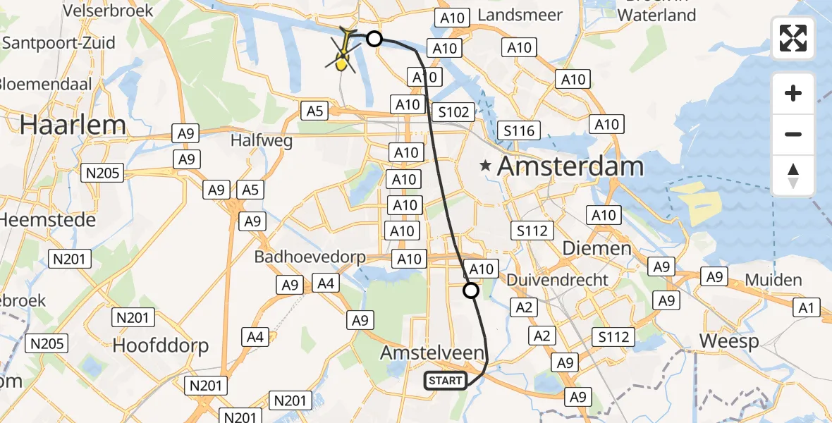Routekaart van de vlucht: Lifeliner 1 naar Amsterdam Heliport, Langs de Akker