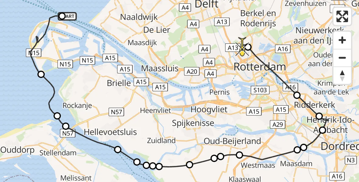 Routekaart van de vlucht: Politieheli naar Rotterdam The Hague Airport, Prinses Máximaweg