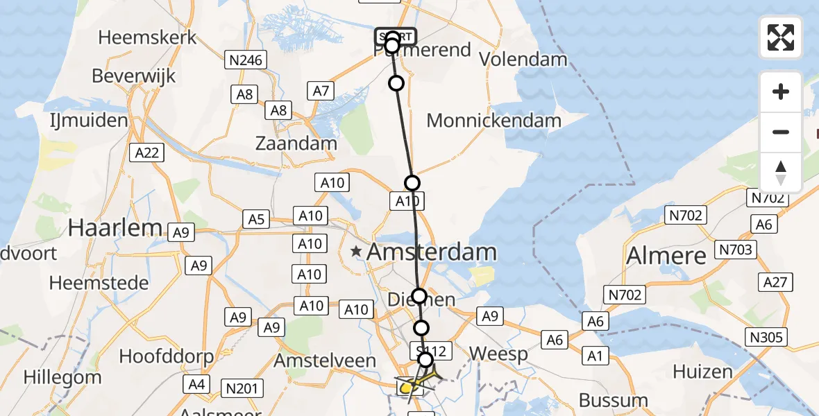 Routekaart van de vlucht: Lifeliner 1 naar Academisch Medisch Centrum (AMC), Lamastraat