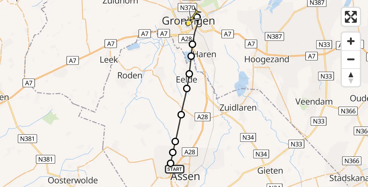 Routekaart van de vlucht: Lifeliner 4 naar Universitair Medisch Centrum Groningen, Asserwijk