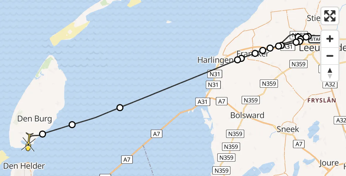 Routekaart van de vlucht: Ambulancehelikopter naar Den Hoorn, Keegsdijkje