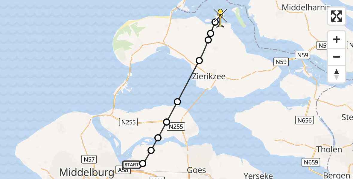 Routekaart van de vlucht: Kustwachthelikopter naar Brouwershaven, Calandweg