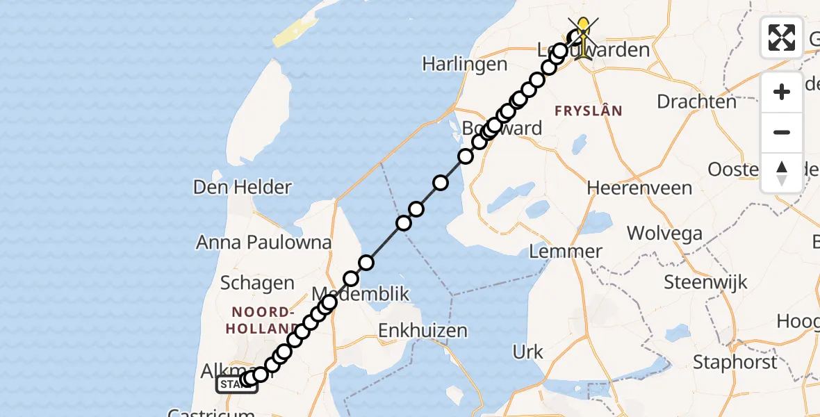 Routekaart van de vlucht: Ambulanceheli naar Vliegbasis Leeuwarden, Laanenderweg