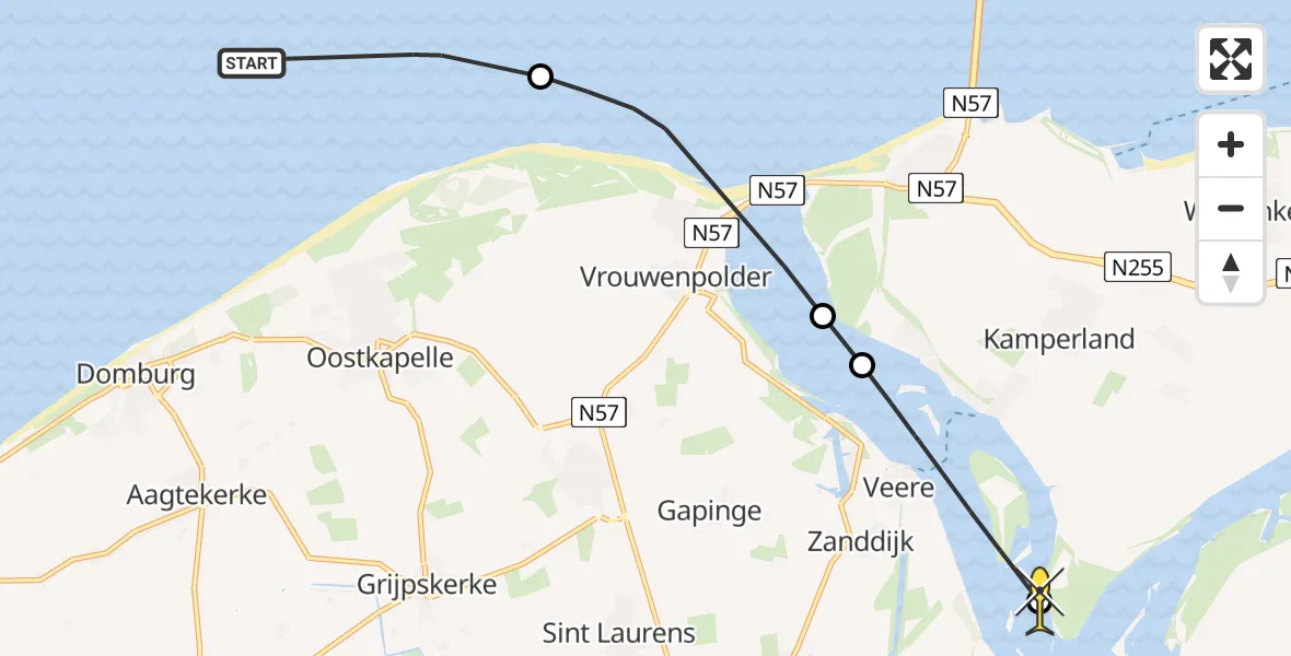 Routekaart van de vlucht: Kustwachthelikopter naar Kamperland, Roompot