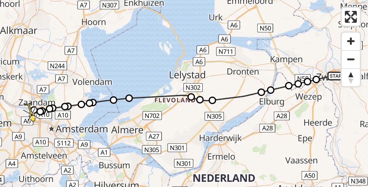 Routekaart van de vlucht: Lifeliner 1 naar Amsterdam Heliport, Evertsenstraat