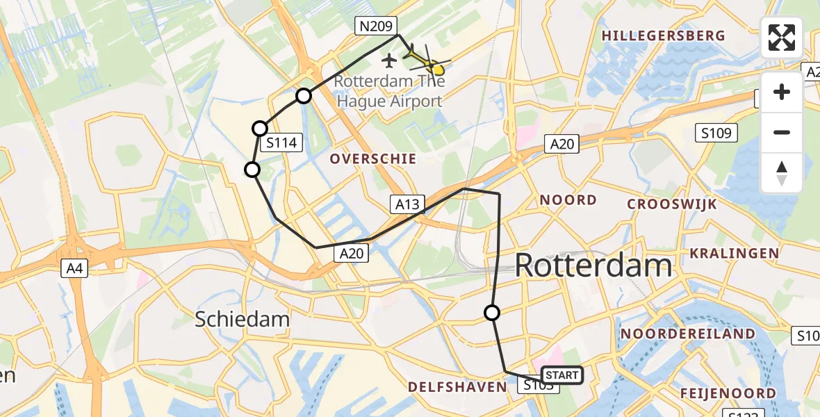 Routekaart van de vlucht: Lifeliner 2 naar Rotterdam The Hague Airport, Rochussenstraat