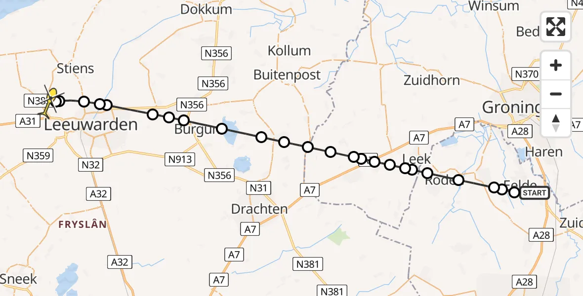 Routekaart van de vlucht: Lifeliner 4 naar Ingelum, Veldkampweg