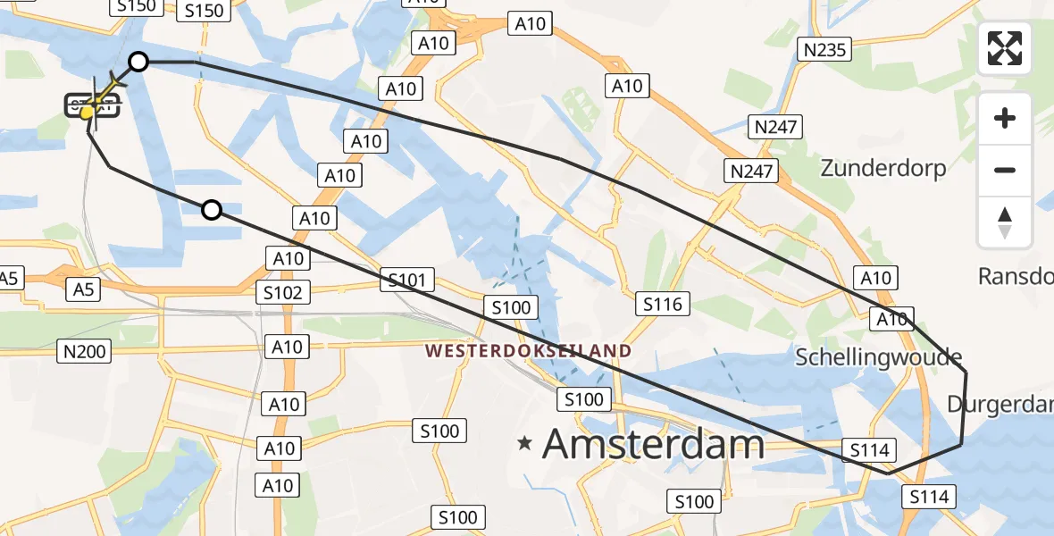 Routekaart van de vlucht: Lifeliner 1 naar Amsterdam Heliport, Westhaven