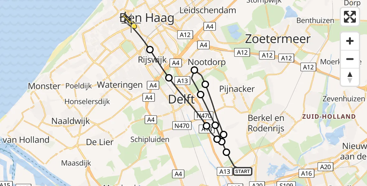 Routekaart van de vlucht: Lifeliner 2 naar Den Haag, Schieveense polder