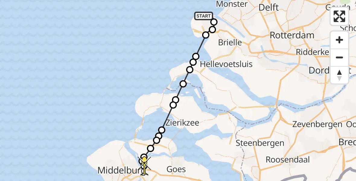 Routekaart van de vlucht: Kustwachthelikopter naar Vliegveld Midden-Zeeland, Slag Maasmond